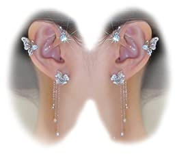 2Pcs Zircon Butterfly Ear Cuff Earrings for Women No Piercing Butterfly Ear Clip Wrap Around Fake Earrings Ear Wrap Crawler Rhinestone Jewelry (silver 1)
