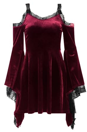 DINGJIUYAN Gothic Velvet Halter Dress Long Flare Sleeve High Waist Fairy Lolita Dresses Punk Grunge Vintage Vampire