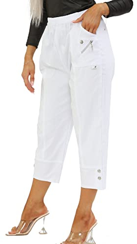 AFR Women Capri Trousers Cropped Pants Ladies 3/4 Three Quarter Length Stretch Pull On Elasticated Navy Blue UK Size 10