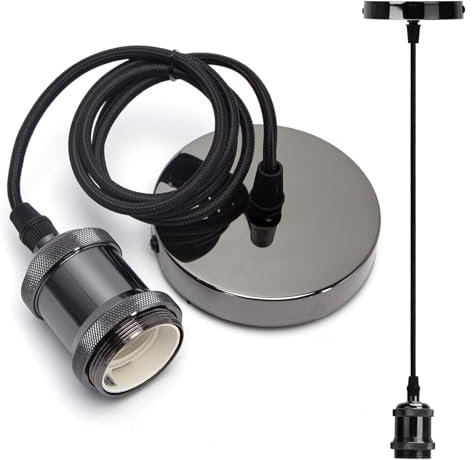 Aigostar Metall E27 Vintage Lampenfassung,E27 Retro Lampenaufhängung mit Kabel,Vintage Pendelleuchte mit Deckenhalterung,1m Kabel,Schwarz(1)