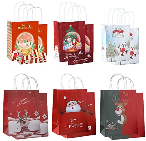 KEELYY 12x Geschenktüten weihnachten, Papiertüten weihnachten mit Henkel, Weihnachtstüten Klein zur aufbewahrung von geschenken, partyzubehör, (15x8x21cm)