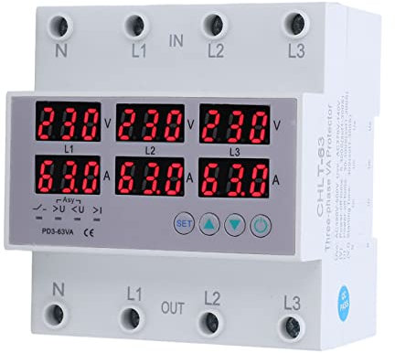 Digital 3 Phase Energy Meter, 1-63A AC 390‑500V DIN Rail Voltmeter Ammeter Power Meter, LCD Display Power Consumption Electric Meter for Electricity Usage Monitoring, Voltage & Current(63A)