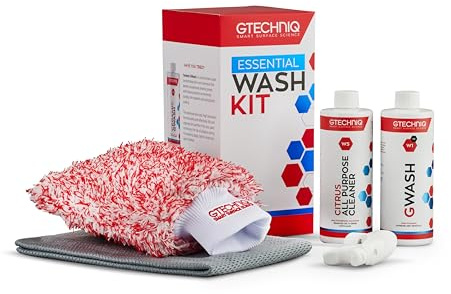 Gtechniq Kit de lavado esencial para coche, kit de lavado de coche con champú para coche, limpiador de ruedas, guante de microfibra y toalla de microfibra, accesorios para coche para una limpieza
