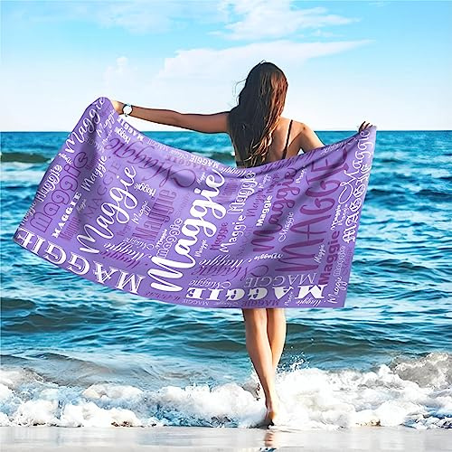SearchI Personalisiertes Strandtuch mit Individuellem Namen Schnell Trocknendes Mikrofaser Strandtuch Bequem und Weich Badehandtuch für Strand, Reise, Sauna(Lila), 60.00/''x30.00/''