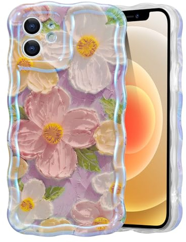 EYZUTAK Case for iPhone 12, Colorful Retro Oil Painting Print Flower, Pink | Laser Glossy Floral Pattern, Cute Curly Wave Edge, Exquisite Phone Cover, Stylish Durable TPU Protective Case for Girl Women