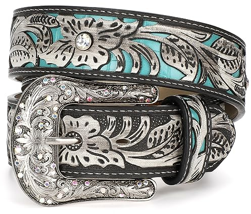 JasGood Damen Herren Western Ledergürtel Vintage Gürtel Gravierter Cowboy Cowgirl Landgürtel mit Retro Schnalle für Jeans Hosen Kleider