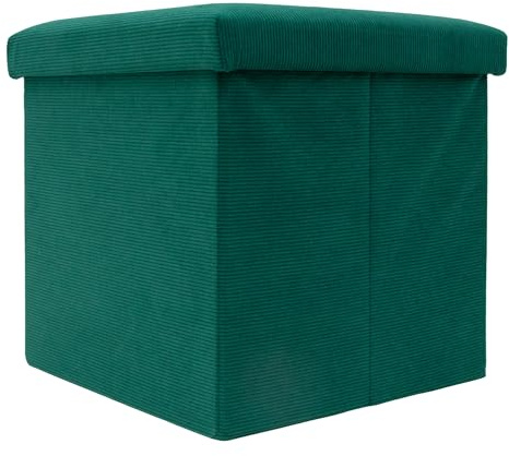 INTIRILIFE Faltbarer Sitzhocker 38 x 38 x 38 cm in GRÜN - Sitzwürfel mit Stauraum und Deckel aus Stoff in Cord Optik - Sitzcube Fußablage Aufbewahrungsbox Truhe Sitzbank
