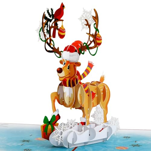 HAPPY GIFTERS Weihnachts Rentier Pop Up Karten - 3D Gruß Pop Up Karten - Weihnachtsgeschenke Karte - Weihnachtskarten für Familienmitglieder - Nichte und Neffe Weihnachtskarte