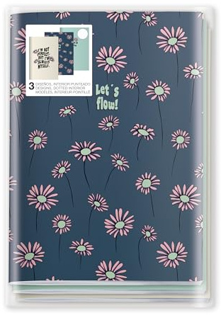 Miquelrius - A5-Notizbücher (142 x 210 mm), 3 Notizbücher, innen weiß gepunktet, 32 Blatt je 80 g/m², Einband aus mattem bedrucktem Karton, Kollektion Happy Daisies