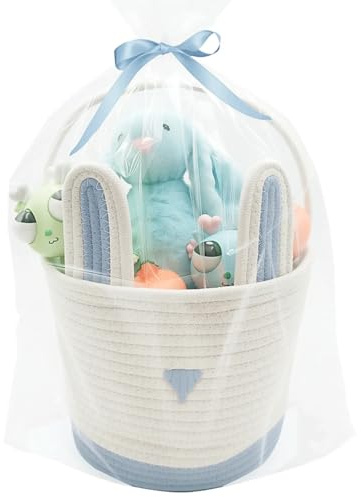 ZWHTB Large Woven Easter Baskets for Boys & Kids - Empty Basket with Gift Bags and Ribbons Cute Easter Decorations Bunny Ears Designs Blue