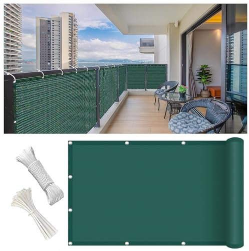 Balkon Sichtschutz Seitlich 130 x 1000 cm Blickdicht, Uv-Schutz, Windfest, Ohne Bohren, Viele Größe Und Farben UV Schutz Balkonverkleidung mit Kabelbinder Kordel für Zaun, Dunkelgrün