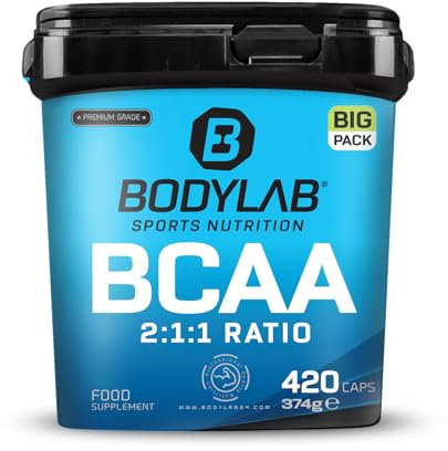 Bodylab24 BIG PACK BCAA 420 Kapseln, 1200mg BCAA im Verhältnis 2:1:1 je Portion, enthält L-Leucin, L-Isoleucin und L-Valin, einfach in der Dosierung durch praktische Kapselform