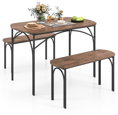 COSTWAY Esstisch Set 3-teilig, Küchentisch mit 2 Bänken, Essgruppe für 4 Personen, Sitzgruppe Industrie, Esszimmertisch Metallrahmen, Bartisch Set für Küche & Esszimmer, Vintagebraun