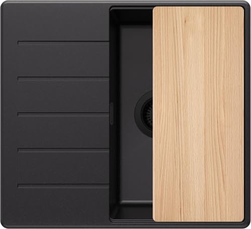 PRIMAGRAN Spülbecken ab 40er Unterschrank + Ablauf-Set, 55x50cm | Set: Ablauf-Set (Siphon, Ablaufgarnitur, Überlauf) + Schneidebrett + Granitspüle 1 Becken - Kopenhagen Top, Alles Schwarz