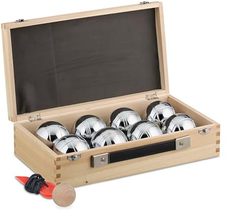 Relaxdays Boule Kugeln, 8 Stahlkugeln, Set mit Zielkugel, Abstandsmesser & Holzkoffer, Boccia Spiel, 72 mm, Natur/Silber