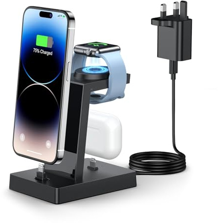 3 in 1 Charging Stand - ADADPU iphone and iWatch Charger Station with 30W Adapter, Apple Charging Dock for iphone 14 13 12 11 Series, Wireless Charger for Apple Watch, For AirPods, Not for 17 16 15
