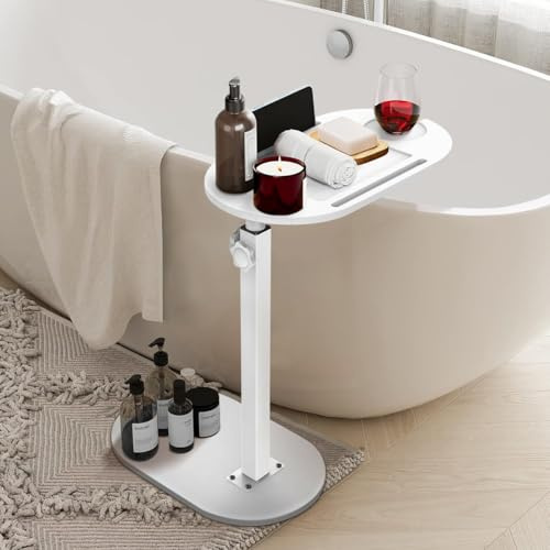 Uptyia Mesa Auxiliar Ajustable en Altura con Bandeja de Bambú | Mesa de Café o Mesita de Noche, Blanco, Tablero Ovalado, Altura ajustable de 40 a 82 cm, 43 × 22 cm
