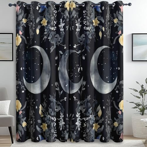Blickdichte Vorhänge Gothic Mond Blumen Thermovorhang Kälteschutz mit Ösen H 200 x B 70 cm (2er Pack) Wohnzimmer Schlafzimmer Vorhänge Blickdicht Verdunklungsvorhänge Schwarz