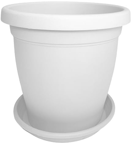 Sicignano | Vaso Verona Rotondo con Sottovaso, Plastica Riciclabile, Fori di Drenaggio, Moderno Classico, Interni Esterni, per Piante Fiori Orto Giardino (Bianco, 30 cm)