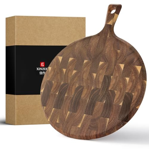 XINZUO Acacia Wooden Cutting Board with Grip Handle, (42.5 x 32 x 1.9 cm) Round Cutting Boards for Kitchen Charcuterie Meat Bread Serving Boards Chopping Blocks Circular Circle Pizza Cheese Board
