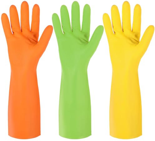 Xinjoduz 3 Pairs Washing Gloves, Rubber Reusable Household Cleaning Gloves for Kitchen Cleaning Gardening Tasks, Non-Slip and Waterproof Kitchen Dishwashing Glove (Yellow, Green, Orange)