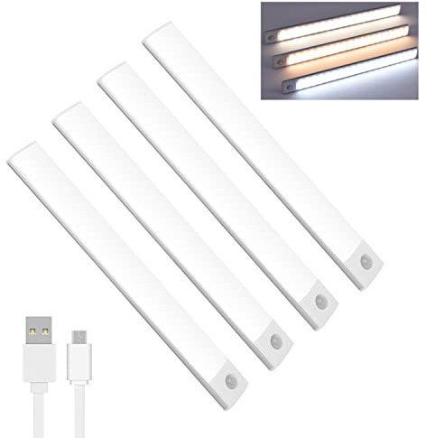 Lychico Motion Sensor Lights Indoor (20cm), 40 LED Under Cabinet Lights 6000K, USB Rechargeable Battery Powered Night Lights with Magnetic Strip, Pack of 4 led, White