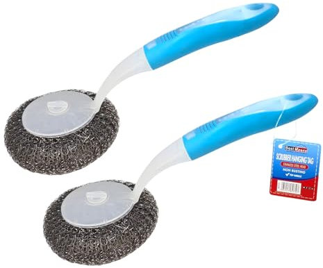 Best House | Stainless Steel Cleaning Scourers with Long Handle | 2 Pcs | Hanging Kitchen Cleaning Brush | Non-Scratch Wire Dish Brush For Pots, Pans, Grills, Furniture, and Tiles - (Pack of 2)