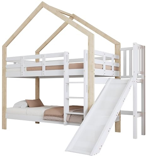 Litera Infantil con Tobogán y Escalera de 3 Niveles | Cama-Casita con Protección Anticaídas | Estructura Madera Maciza | Color Blanco + Natural | 90 x 200 cm