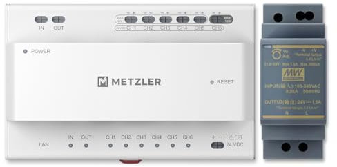 Metzler® Audio-/Videoverteiler für VDM10 2-Draht Türsprechanlage mit Plug & Play und RJ45 LAN, inkl. 24VDC Transformator, 6 Anschlüsse, einfache Installation, App-Steuerung, 10 Jahre Ersatzteilverfügb
