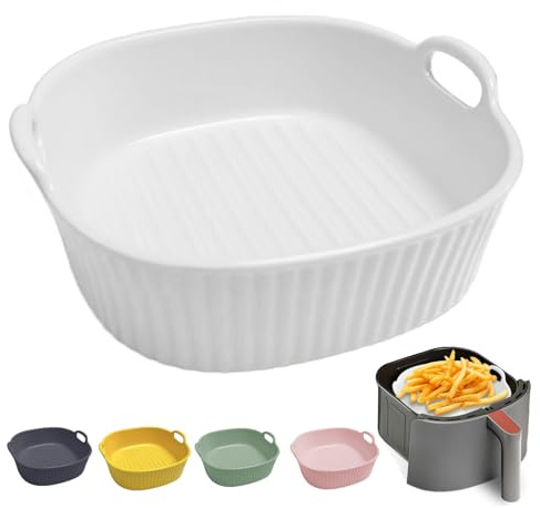 Rund Auflaufform Keramik, Auflaufform für Heißluftfritteuse 17.5 x 16 x 5.5cm, Lasagneform Auflaufformen, Bunt Glasiertes Backform Rund, für Lasagne, Pommes Frites, Suppe (Weiß)