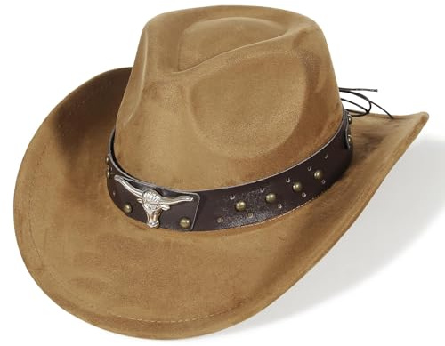 EOZY Cappello da Cowboy in Pelle Scamosciata Stile Western per Donne & Uomini con Nastro Rimovibile in Pelle Scamosciata Vintage, Cappello per Country Music Festival, Leggera Protezione dalla Pioggia