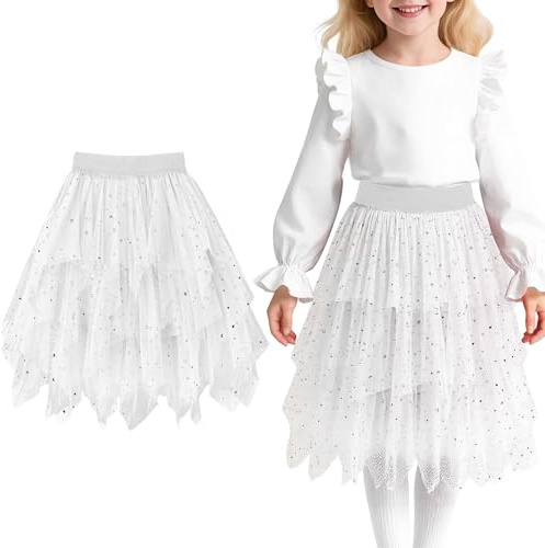 Baogaier Falda Tul Niñas, Elegante Lentejuelas Tutu Cintura Elástica Midifalda Bajo la Falda en Múltiples Capas Falda, Cumpleaños Party Carnaval Halloween Fiesta Disfraz 9-10 Años, Blanco