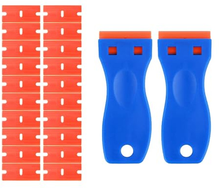2PCS Grattoirs en Plastique pour Plaques Vitrocéramiques et Verre avec 20 Lames Réutilisables, pour Éliminer les Étiquettes, Colles, Peinture, Autocollants et Résidus sans Rayures