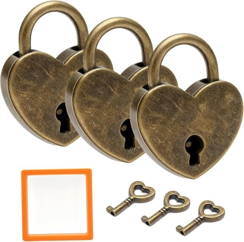 VOSSOT 3PCS Cadenas Cœur Vintage avec Clé, Mini Cadenas en Forme de Cœur, Serrure Rétro Amoureux en Acier, Coffret Cadeau Romantique pour Boîte à Bijoux, Agenda, Tiroir, Saint Valentin, Anniversaire
