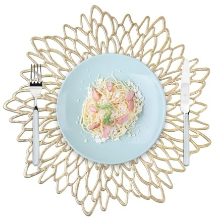 Privalace Tovagliette Scavate per Fiori Rotonda Dorate,Set di 6 Tovaglietta Lavabili in PVC Resistente al Calore Non-scivolose,per Cucina Natale e Feste Decor(Oro)