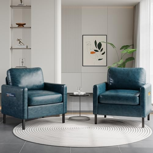 STHOUYN Blue Faux Leather Accent Chair Set of 2 Living Room, Modern Waiting Room Chairs for Office (2, Blue)