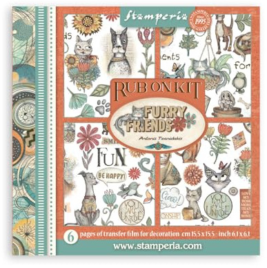 Stamperia - Rub-on Kit for Scrapbooks, Albums, Cards, Bullet Journals and More, Easily Transfer Images onto Paper and Other Surfaces, Perfect for Crafts and Gifting (6 Pages) (Furry Friends)