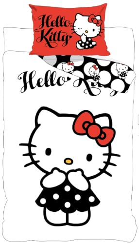 Hello Kitty Babypåslakan 100x135 + Örngott 40x60 Bomull Prickar Svart Vit
