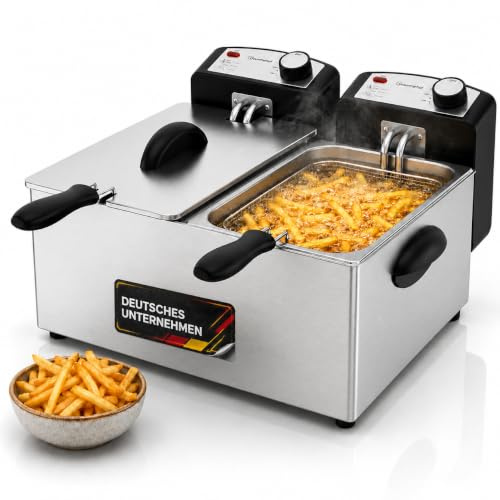Sommertal DF3600 Doppel Fritteuse 2x3L | 3600W, Edelstahl, 130-190°C | 2 getrennte Heizkreise, Fritteuse mit Öl & Fett, Deep Fryer für Pommes, Chicken Wings, Nuggets & Donuts, herausnehmbar