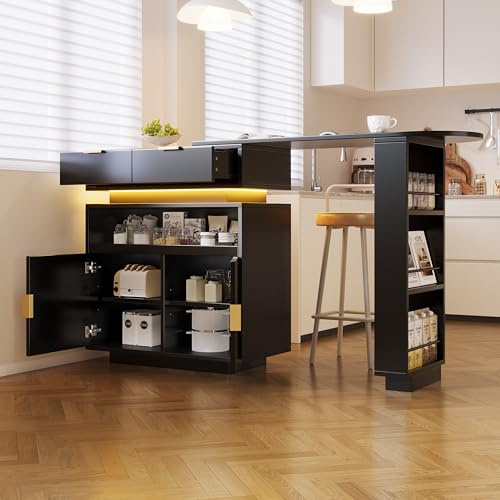 Merax Tavolo da bar allungabile con vano portaoggetti, girevole a 360°, con piano di lavoro estraibile, illuminazione a LED, cassetto, scaffale per snack e ripiani regolabili, 115-183 x 40 x 99 cm