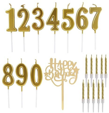 20 Stück Geburtstagskerzen mit Acryl Glitter Cupcake Topper,Nummer 0-9 Zahlenkerzen 10 Goldene Spiral Kuchen Kerzen mit Halter für Geburtstag, Hochzeit und Party Dekorationen geburtstagskerzen kuchen