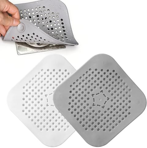 Silicone Drain Protector with Suction Cup, Shower Drain Cover Hair Catcher, Sink Strainer Hair Stopper Filter for Bathroom, Bathtub & Kitchen Sink (2, WhiteGrey)