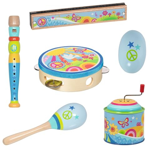 goki 6639 - Musikset blau mit 6 Teilen, Einsteiger Musikinstrumente Spieldose, Mundharmonika, Tamburin, Blockflöte, Maracas, Egg Shaker, buntes goki66 Design, musikalisch Förderung ab 3 Jahre