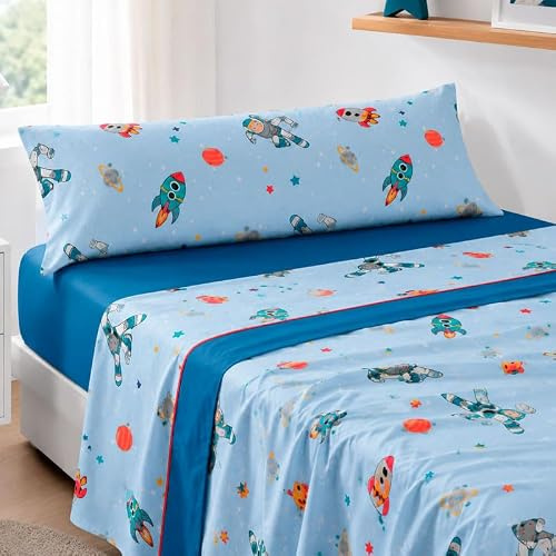 Rufino Díaz Juego Sábanas 3 Piezas Verano Infantil Astronautas (Azul - 90 cm) - Taco Extra Suave para Adultos e Infantil - Sensación acogedora y de Confort
