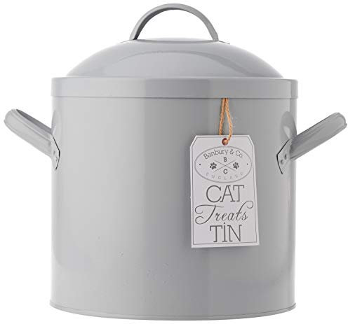 Banbury & Co Cat Metal Pet Food Storage Container, Metal Treat Biscuit Tin for Cats with Airtight Lid, Easy Clean Non-Toxic Large Portable Food Dispenser Bin for Dry Cat Foods with Side Handles | Grey