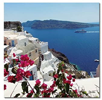 Glücksvilla / Santorini mi perla 26 / Cuadro mural/imagen de pared XXL/Grecia Cícladas mar egeo vista, bahía, casa, techo, buganvillas, flores (60 x 60 cm, lienzo con marco 2 cm)