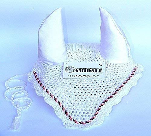 Amidale EAR NET HORSE FLY VEIL CROCHET EQUESTRIAN WITH PIPING 14 COLORS BNWT (PONY, WHITE)