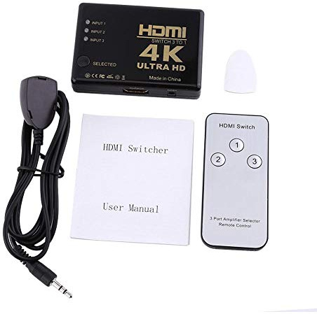 Zerone Sélecteur HDMI 3 entrées / 1 Sortie, commutateur et séparateur HDMI Ultra HD 4K @ 60 Hz, Compatible 3D, Full HD 1080p, télécommande IR Incluse – Noir