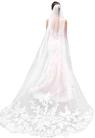 Olbye Women’s Wedding Veil 108 Inch Cathedral Lace Veil Single Tier 1T Long Veils For Brides Long Bridal Veil, White, 108 inch