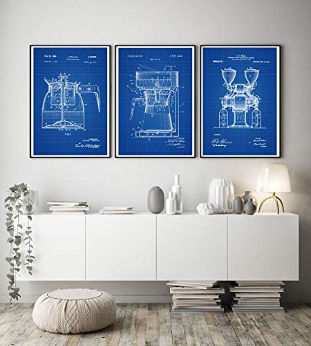 WallBUddy Coffee Decor Coffee Print Coffee Patent Print Set of 3 Coffee Art Cafe Prints Cafe Cafe Posters Coffee Posters Coffee Shop WB266-268-270 (61cm x 91cm, Blueprint)